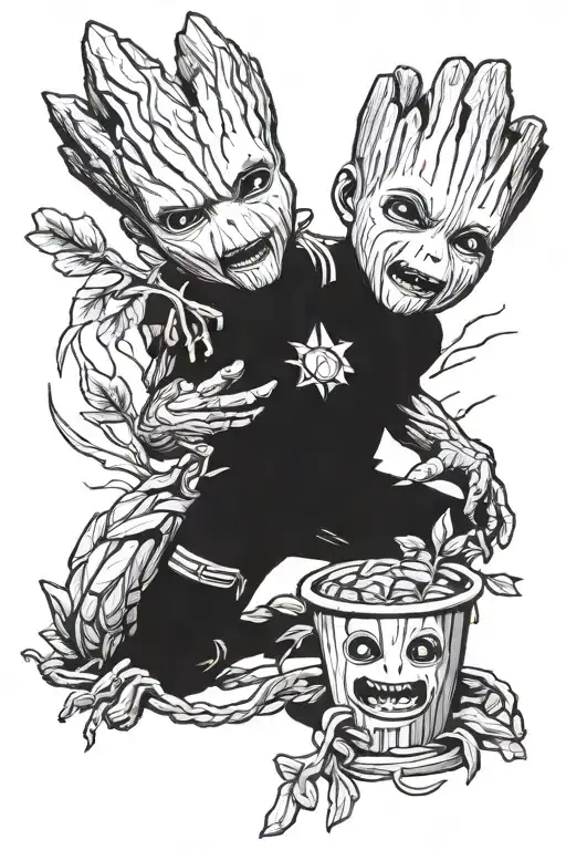 Angry Baby Groot With Limbs Holding Stuff From The Movie