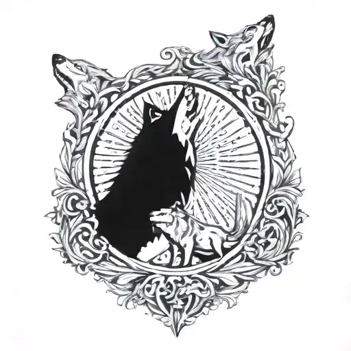A Wolf Pack Howling At A Family Crest Featuring Intricate Patterns
