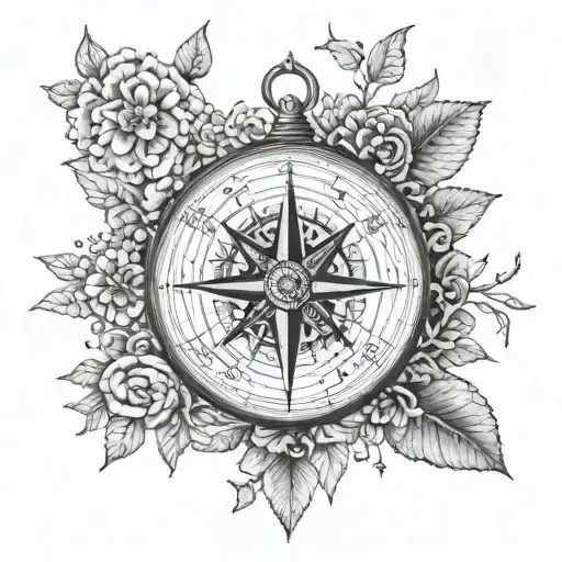 A Detailed Blackwork Tattoo Of A Compass Surrounded By Intricate Floral Patterns Inspired By Nature