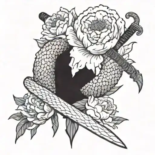 A Snake Wrapped Around A Katana Sword With Peonies Blooming In The Background