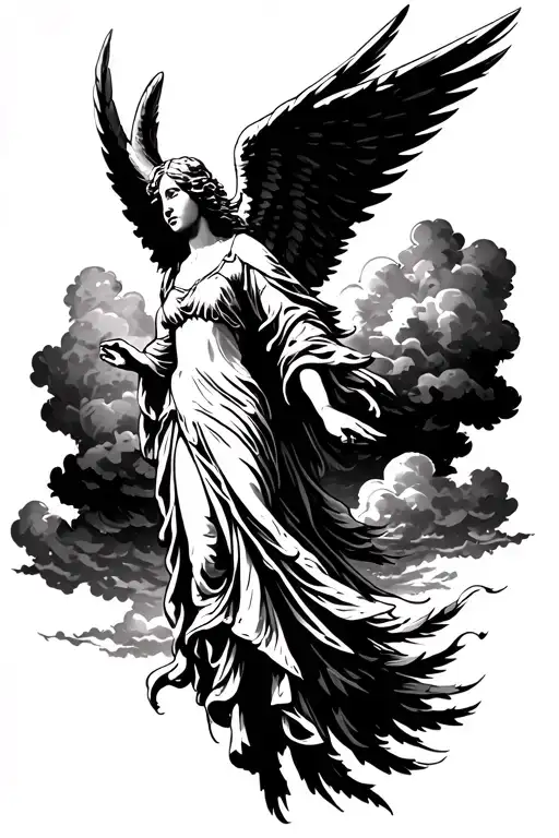 Angel With Feathered Wings Falling Fromt The Sky With Dramatic Stormy Clouds In The Background