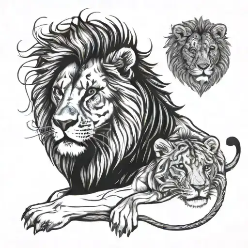 Father Daughter And Mother All Of Them Protected By A Lion