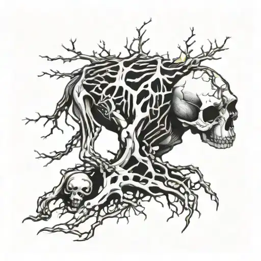 A Skeletal Animal Surrounded By Intricate Tree Roots