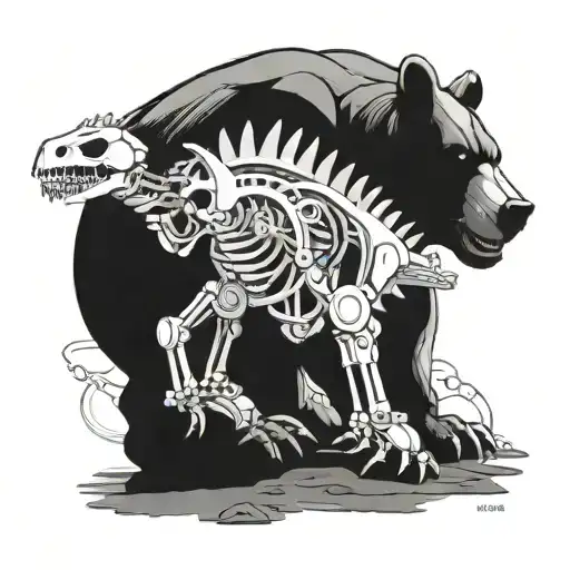 A Futuristic Robotic Bear Welding Together Pieces Of A Dinosaur Skeleton