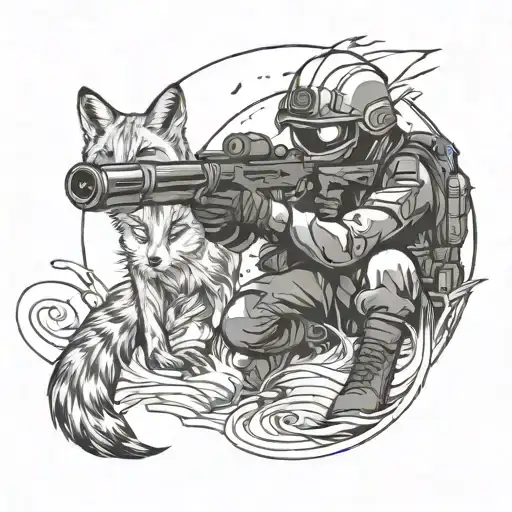 A Stylized Blackwork Tattoo Of A Soldier Shooting Underwater With A Fox Watching From The Surface