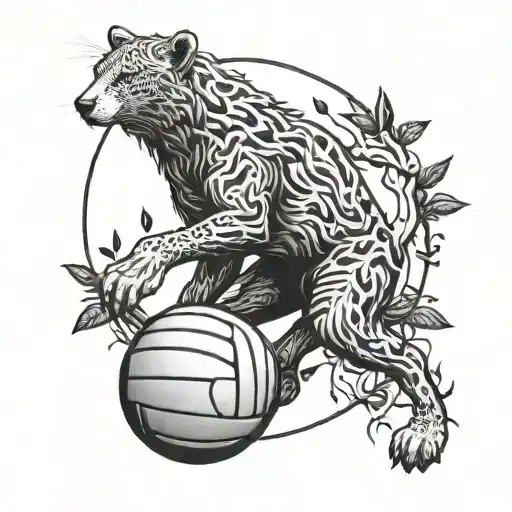 A Tattoo Depicting A Wild Animal In A Volleyball Pose Surrounded By Natural Elements