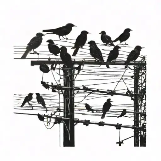 Black And White Silhouette Of Birds On A Telegraph Pole And Wire