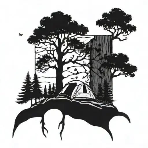 A Camping Scene With A Lichtenberg Figure Design In The Shape Of A Tree