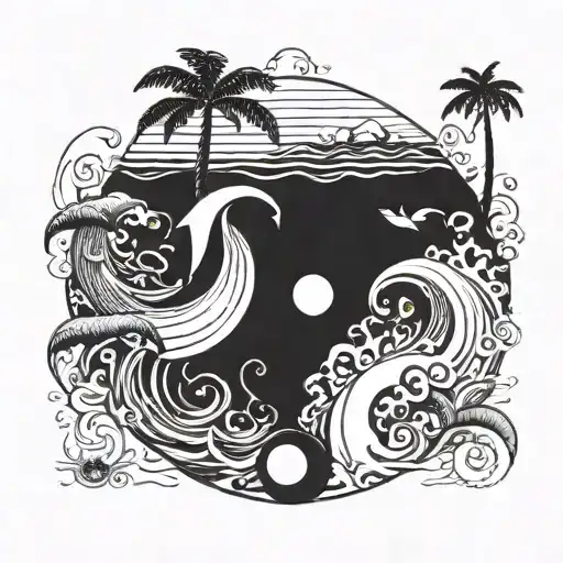 A Ying Yang Sun And Moon Palm Trees Ocean Waves Dolphins