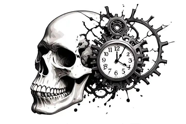 3D Skull Realistic With Clock Crashing Head Gears Intertwined