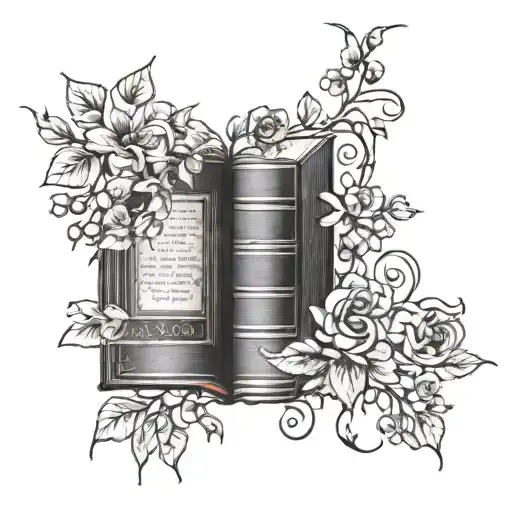 An Elegant Blackwork Tattoo Of A Vintage Book With Flowers Cascading Down The Spine