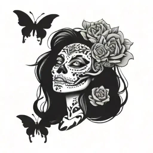 La Catrina With Skull On Her Head And A Tiger Below