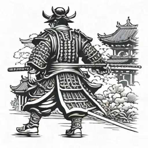 Backside Of Samurai With Sword Dragging Walking Towards Temple