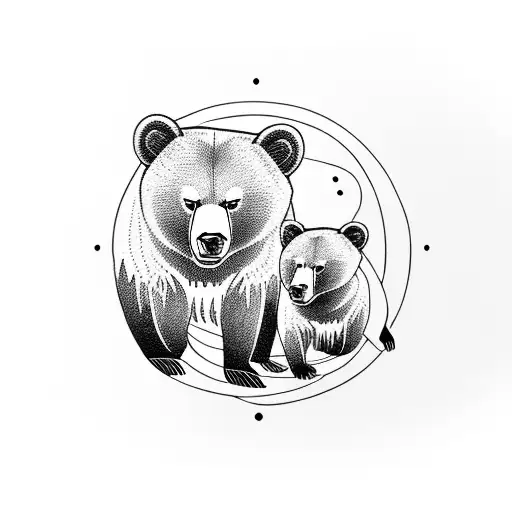 Mother Bear And Cub In A Leaf Circle Noses Touching