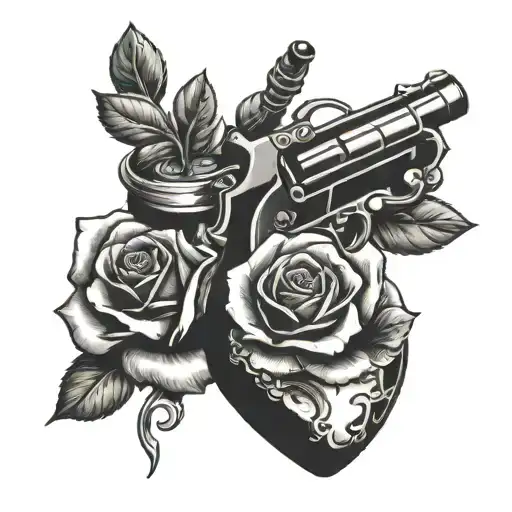 Rose With Tommy Gun And Ruby Diamond In A Heart Case