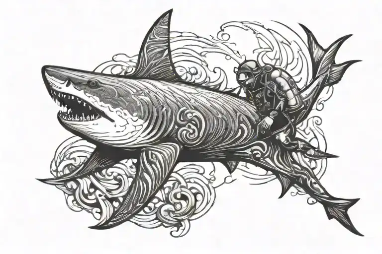 A Diver Bswimming Away From A Shark Chasing It From Behind At A Distance