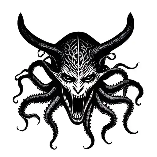 Demon Face With Tentaculos And One Hundred Feet On The Head