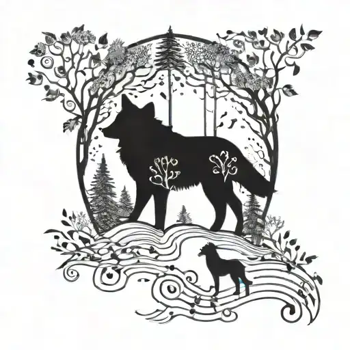 A Mystical Forest Scene With A Lone Wolf And Music Notes Floating In The Air