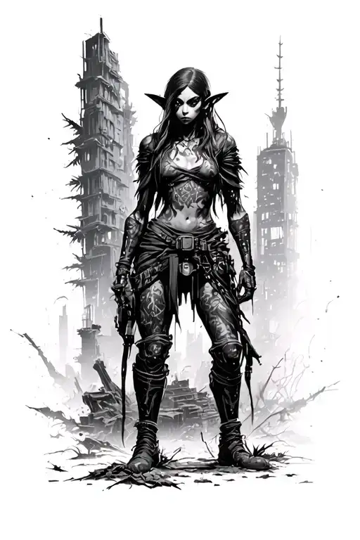 Cyberpunk Post Apocalyptic Overgrown City Dark Elf Exploring Ruin