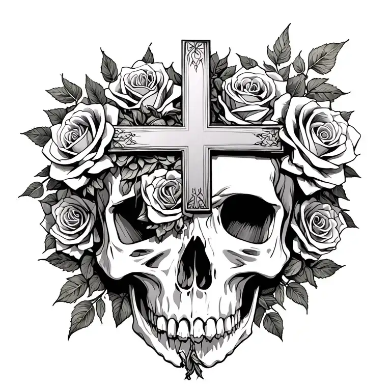Big Cross And Behind A Skull And Roses