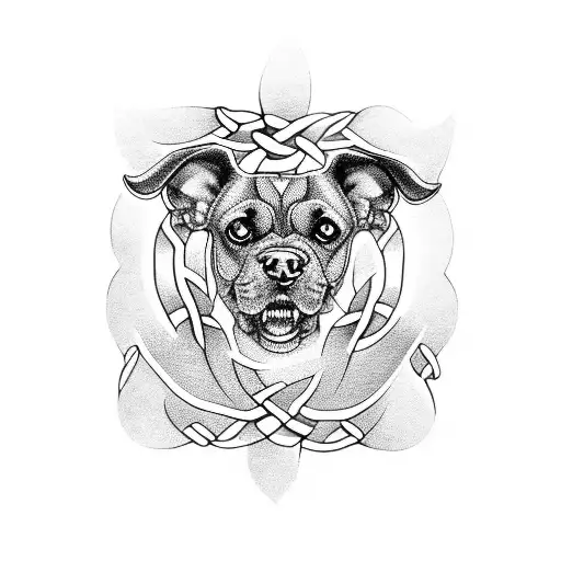 A Blackwork Tattoo Of A Celtic Dog Surrounded By Celtic Knot Patterns