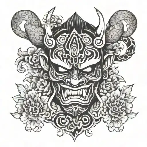 Combine Elements Of A Traditional Oni Mask With Intricate Floral Patterns