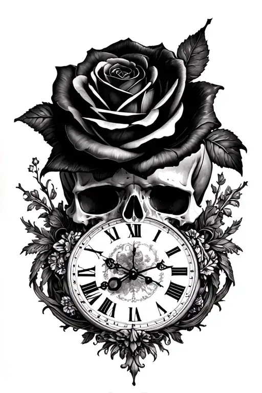 Skull With Black Rose And Clock Memento Mori Memento Vivere
