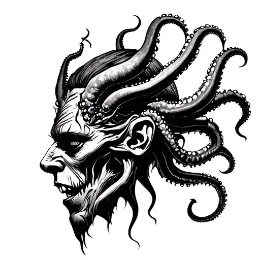 Demon Face Profile With Tentaculos And One Hundred Feet On The Head