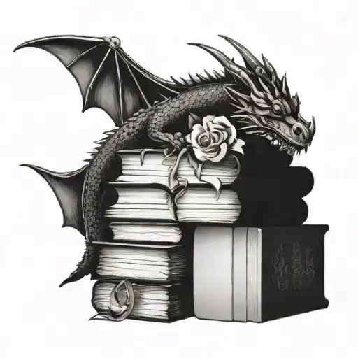 Stack Of Books With Dragon And A Big Rose