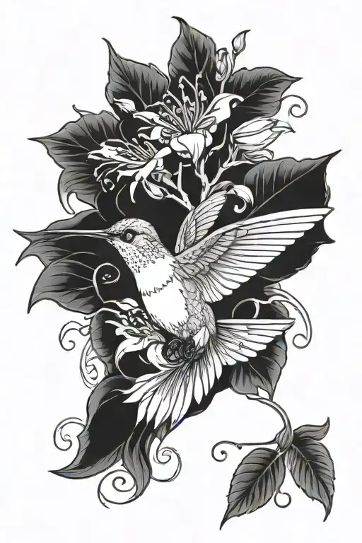 Hummingbird Holding Honeysuckle Flowers