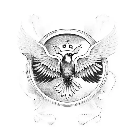 Coat Of Arms With A Blackbird With Wings Spread And A Crown And A Banner Below
