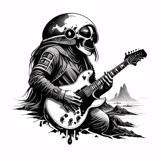 Design A Tattoo That Blends Rock Music Imagery With A Futuristic Sci-fi Landscape
