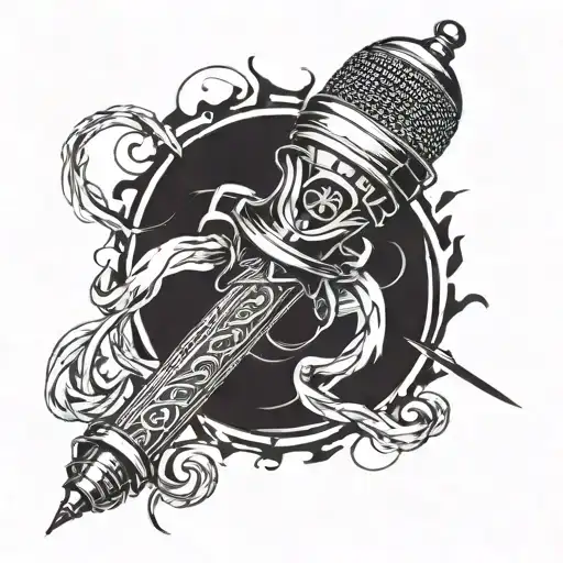 A Stylized Microphone Intertwined With Martial Arts Weapons Like Nunchucks And A Sword