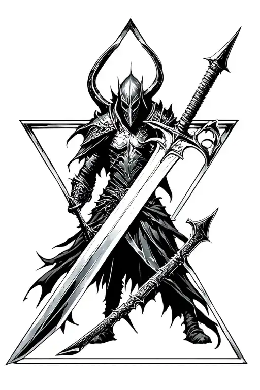 Artorias Dark Souls In A Triangle With Artorias Greatsword Behind It