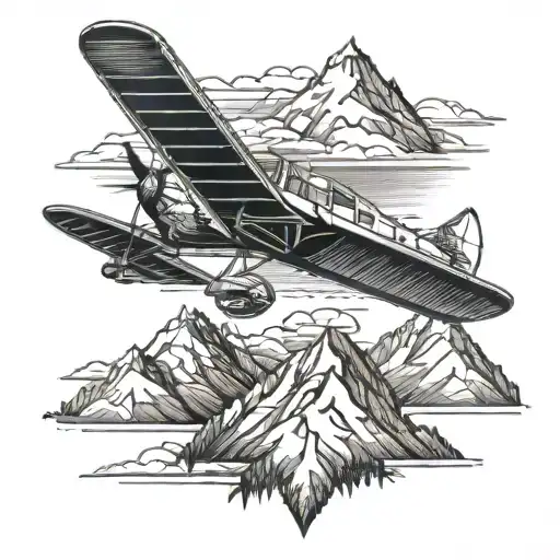 A Blackwork Tattoo Of A Vintage Airplane Flying Over A Mountain Range