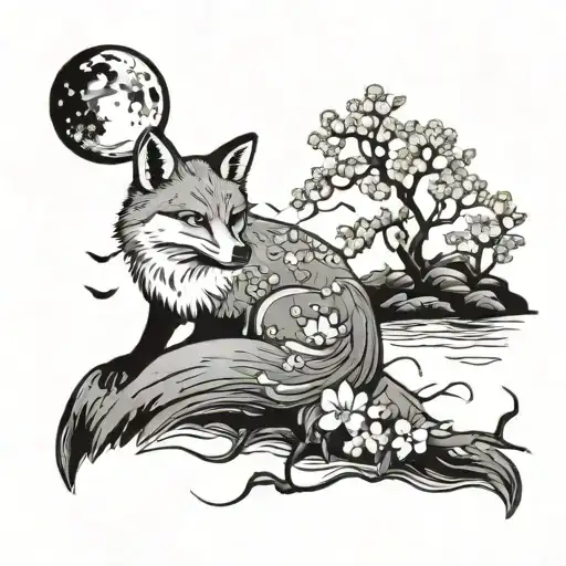 Cherry Blossom With The River And The Fox And The Moon