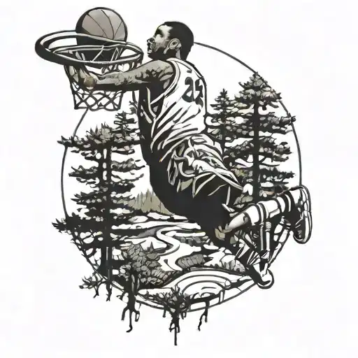 A Basketball Player Dunking A Ball With A Backdrop Of A Serene Forest