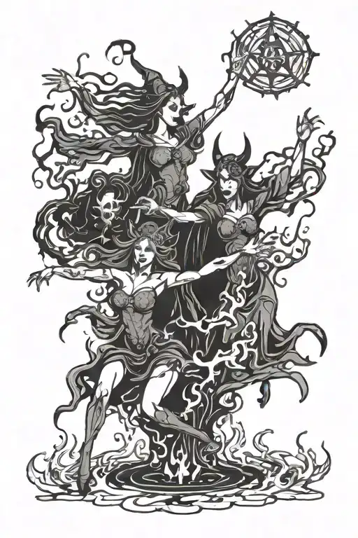 Gothic Blackwork Satanic Witches Dancing Around Fire Creepy