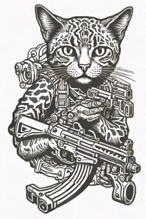 Short Hair Cat Holding A Machine Gun