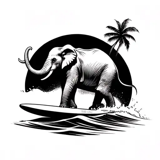 Elephant Riding A Surfboard On A Wave Breaking Small Black And White Cartoon