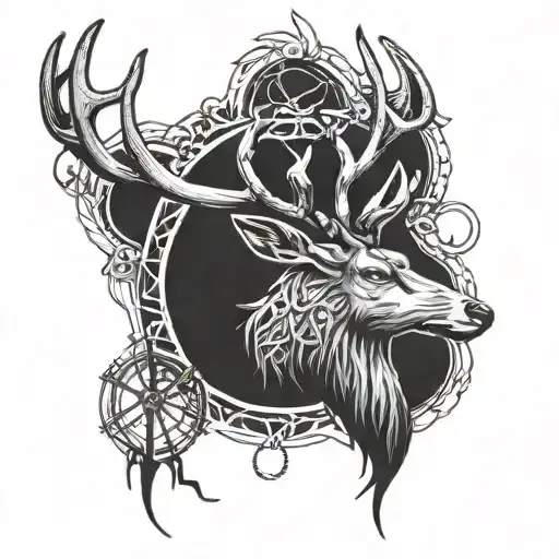 A Majestic Deer With Intricate Antlers Intertwined With Fishing Hooks And Lines