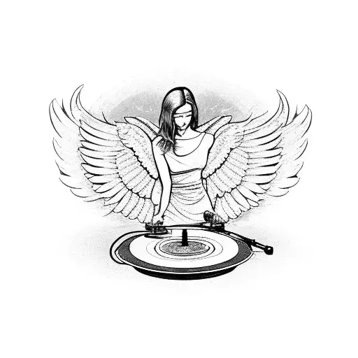 An Angel Playing A Vinyl Record On A Turntable With Wings Made Of Sound Waves