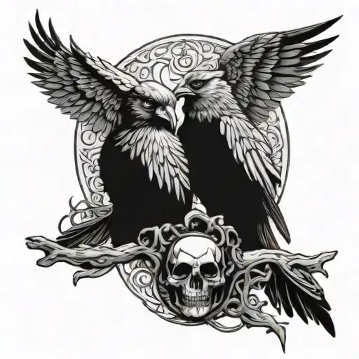 Hugin And Munin Standing On A Horned Skull Black And Grey