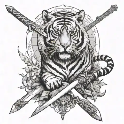 There Is A Sword And A Tiger On A Big Stone