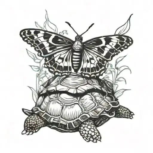 Butterfly And Turtle In A Symbiotic Relationship