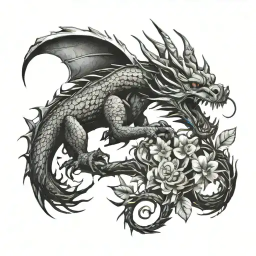 Tattoo Of A Kind Dragon Surrounded With Plants