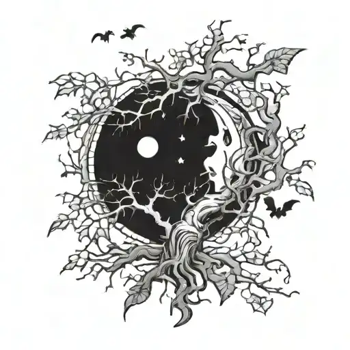 Poison Tree With Moon And Bats Above
