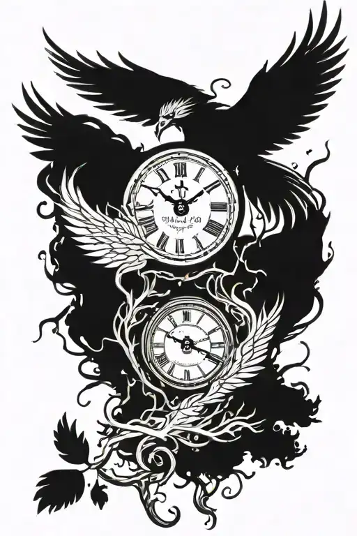 Clock With Roots Growing With A Pheonix Bird