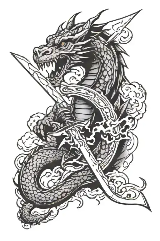 A Dragon Wrapped Around A Sword With Lightning And Clouds
