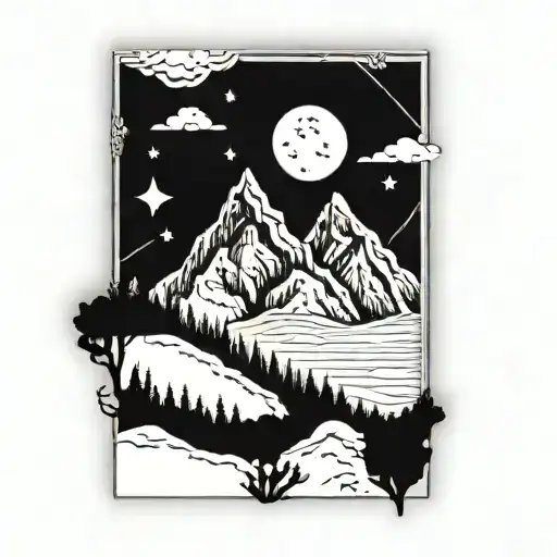A Tarot Card Design Featuring A Mystical Mountain Landscape In Blackwork Style